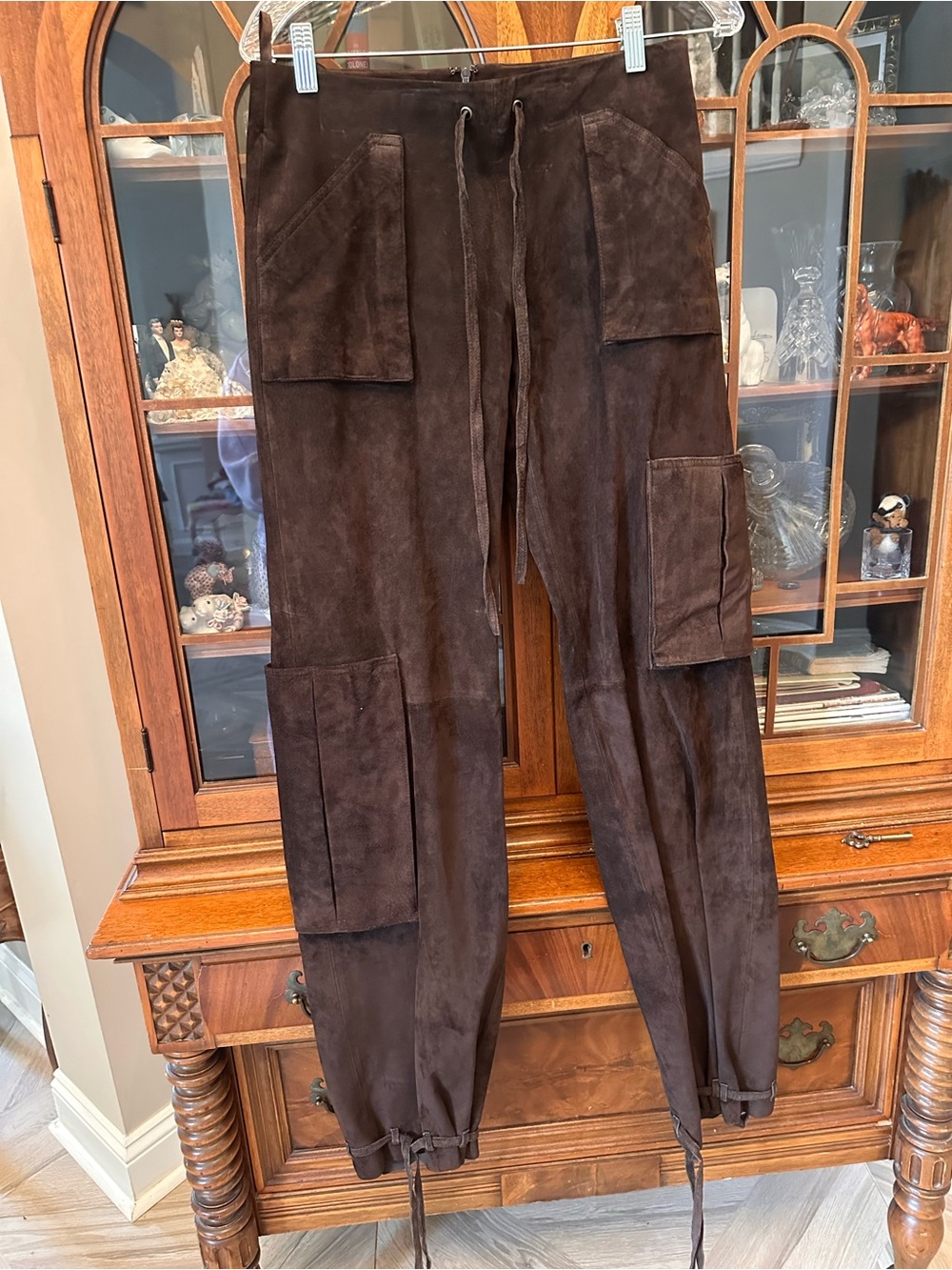 Moda International Brown Genuine Leather Suede Cargo Jogger Pants